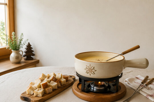 Ceramic cheese fondue pot on wooden trivet with bread cubes, cheese fondue dinner concept