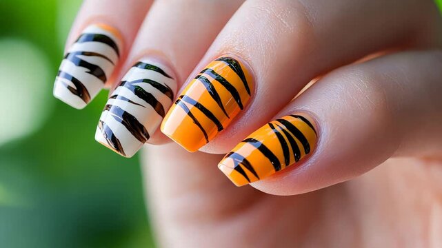 Vibrant tiger stripe nail art design on fingernails with orange and black patterns