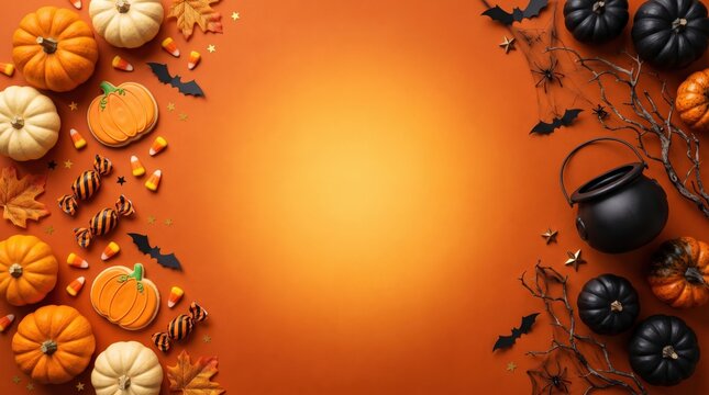 A vibrant top-down flat lay of halloween pumpkins, bats, and candy corn creating a festive border on a warm orange background with generous copy space for seasonal greetings.