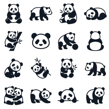 Collection of Cute Panda Bear Illustrations in Various Poses.