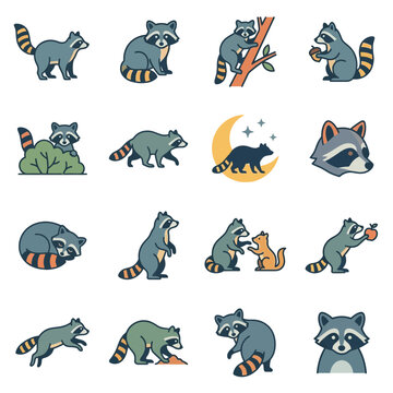 Collection of cute raccoon illustrations in various poses and activities.