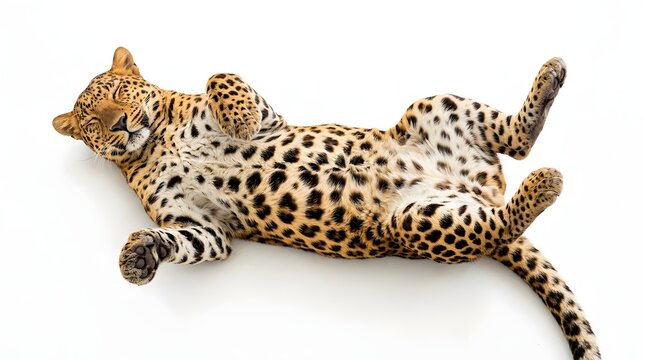 javanese leopard laying on its back with white background