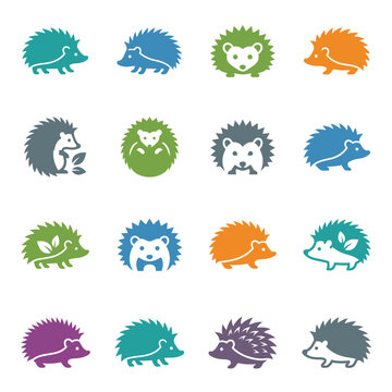 Collection of stylized hedgehog icons in various colors and poses.