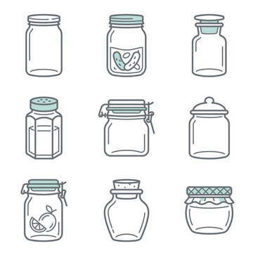 Collection of Various Glass Jars and Containers.