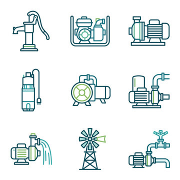Collection of water pump icons and illustrations for industrial use.