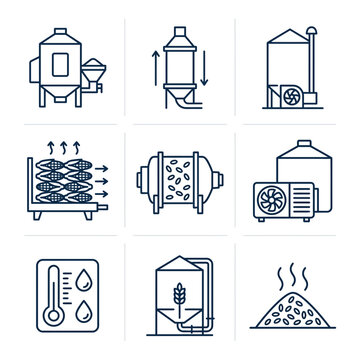 Industrial agriculture and food processing equipment icons.