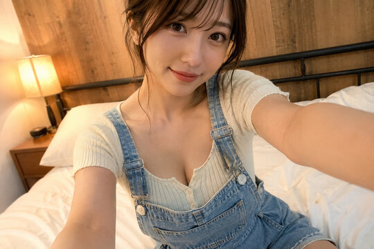 ベッドの上から手を伸ばすデニムサロペットの女性