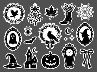 Fototapeta premium Black and white Halloween sticker set featuring ravens, ghosts, witches, and spooky occult symbols for seasonal decor.