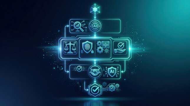 A framework for AI ethics governance including symbols related to procurement checklists and technology elements in a digital format.