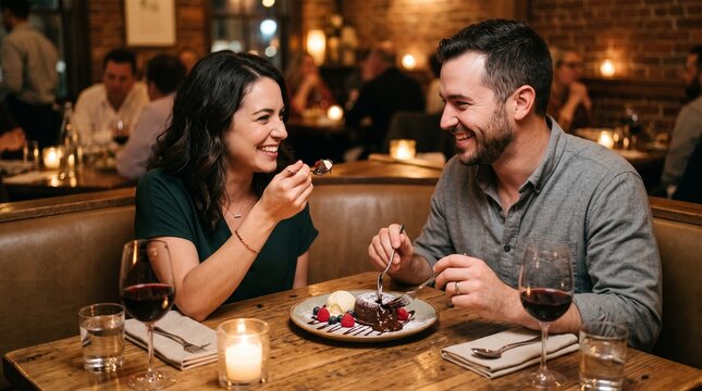 Couple enjoys romantic date night sharing chocolate lava cake and red wine at a cozy restaurant