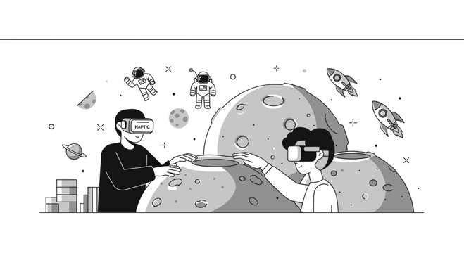 People in VR Headsets Exploring Space and Lunar Landscapes in Flat Line Art Style