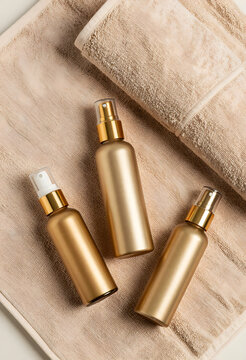 Luxury skincare and beauty product packaging, three golden spray bottles on a soft beige towel for cosmetic branding