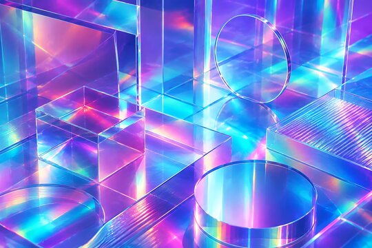 iridescent crystalline geometryscape, holographic crystal geometric background, futuristic abstract crystal geometry, iridescent geometric landscape design, colorful crystalline 3D composition, prisma