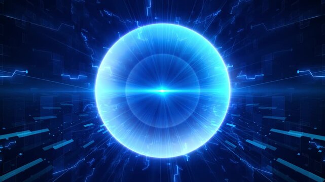 Bright blue energy portal glows inside a futuristic circuit environment radial rays and digital panels, creating an immersive 19 scene for AI, cybersecurity, computing and virtual innovation.