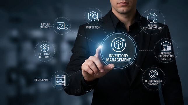 Businessman touching inventory management icon with reverse logistics graphics