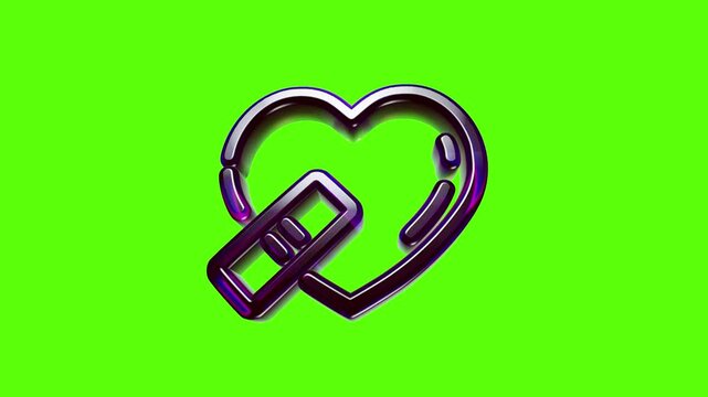 Shiny metallic heart icon with a small link chain element isolated on a bright vivid green background