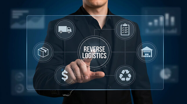 Businessman touching reverse logistics icon with supply chain management graphics