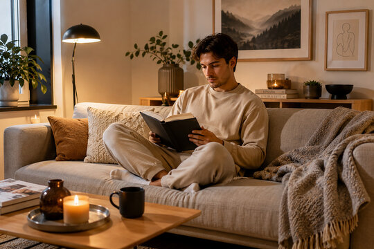 Young man reading a book on a cozy sofa at home, surrounded by warm lighting and modern decor, representing relaxation, mindfulness, learning, and peaceful lifestyle.