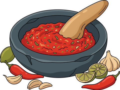 Traditional Stone Mortar with Red Chili Sambal Ulek Vector Illustration