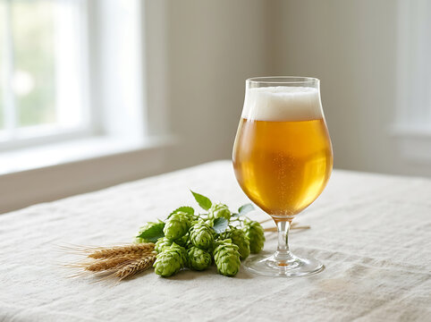 A glass of cold golden beer with fresh hops and wheat on a table.