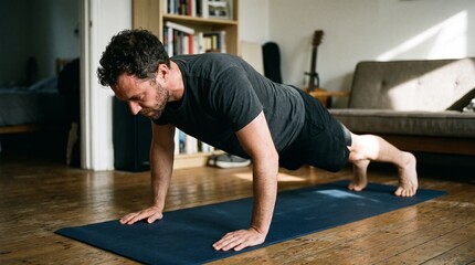 Fototapeta premium Man doing push ups on yoga mat in living room for home workout
