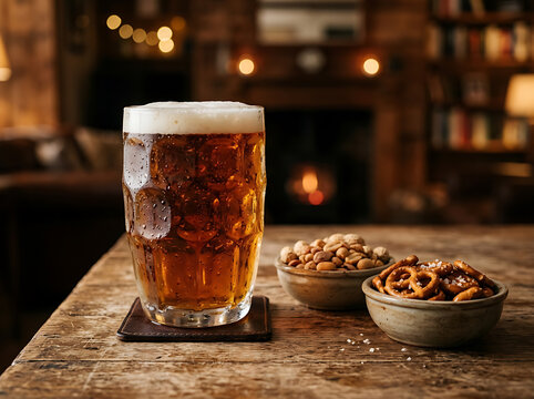 A cold pint of beer with pretzels and nuts on a wooden table in a cozy pub.