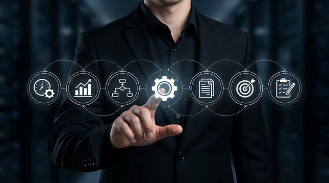Businessman pointing virtual icon business process management strategy automation concept