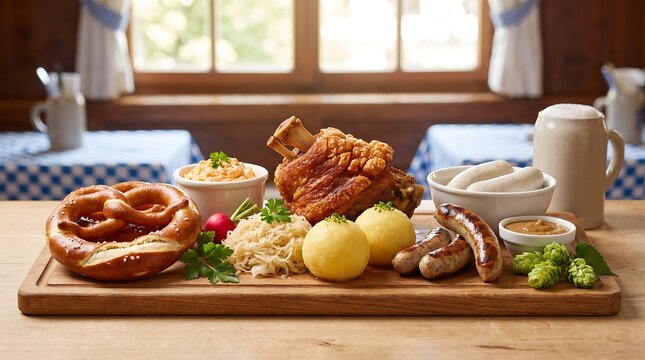 Traditional Bavarian Food Platter with Roasted Pork Knuckle, Sausages, Pretzel, and Beer in Tavern