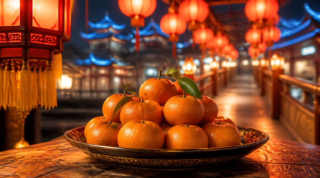 Vibrant display of fresh mandarins on an ornate platter with traditional lanterns illuminating a cultural festival setting