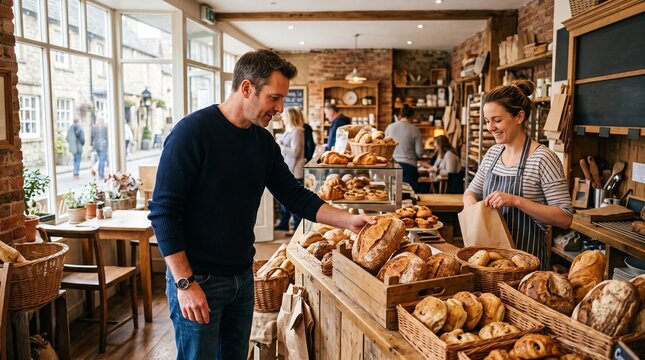 Customer selects fresh artisan bread from a smiling baker in a charming rustic bakery