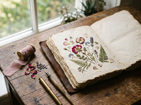 Open vintage journal with pressed dried flowers on handmade paper on a rustic wooden table.
