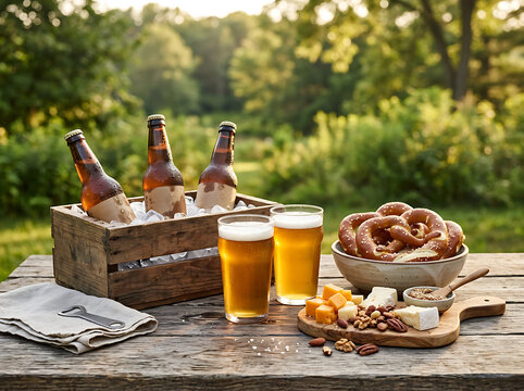 Refreshing beer bottles and glasses with pretzels and cheese on an outdoor wooden table.