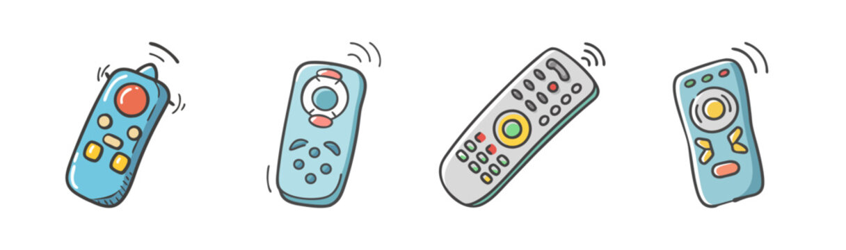 Set of four cartoon remote controls, diverse designs and colors, for TV, media, and technology concepts, vector illustration