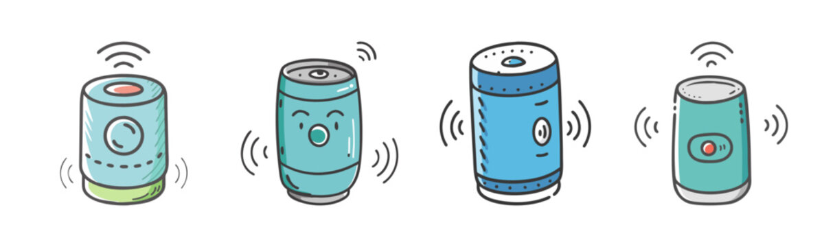 Cute Cartoon Wireless Speakers, Set of 4, Vector Icons, Bluetooth Audio Devices, Music Technology, Fun Gadgets
