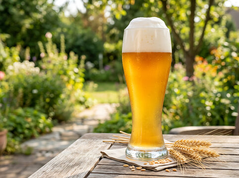 A refreshing glass of golden wheat beer served on a wooden table in a garden.