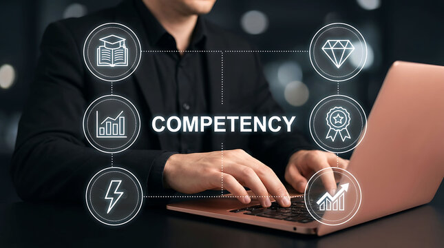 Businessman working on laptop with competency icons digital virtual interface