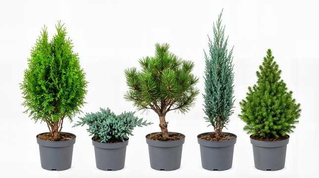 Collection of various coniferous trees and shrubs in plastic pots including pine, spruce, and cypress on white.