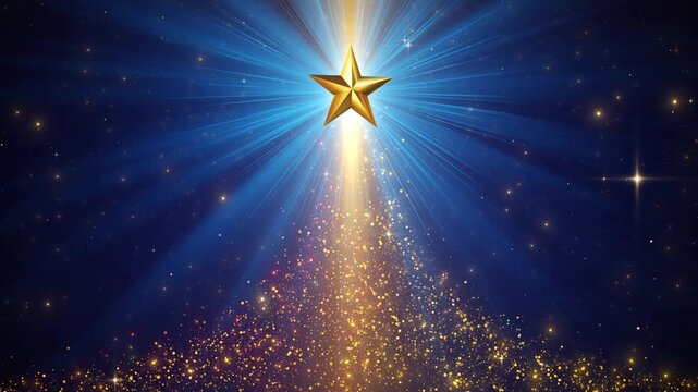 Golden star shines sparkling triangular Christmas tree formed by glowing particles radiant beams on a deep blue night background, festive video scene for holiday greetings seasonal celebrations.