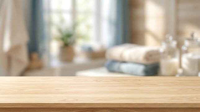 Empty wooden table top on blurred bathroom background for product display mockup and spa wellness advertisement design.