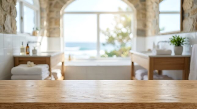 Empty Wooden Table Surface with Blurred Luxury Bathroom Interior and Ocean View for Product Display Mockup Background