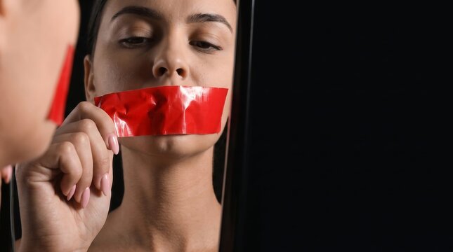 Mirror reflection of a woman with red tape on her mouth