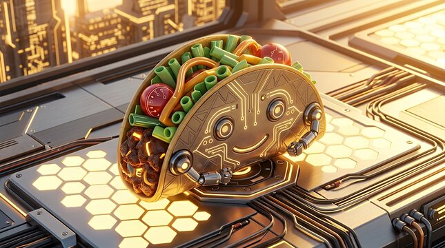 Futuristic Cybernetic Taco Character with Mechanical Arms and Glowing Circuitry in Sci-Fi Setting