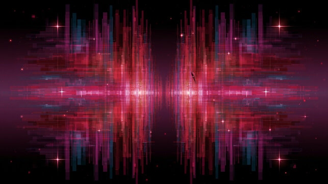 Abstract digital sound wave equalizer with bright neon lights and star sparkles.