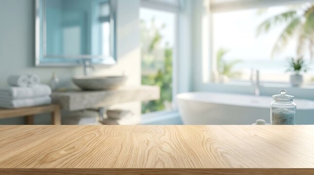 Empty Wooden Table Top Product Display Mockup in Modern Luxury Bathroom Interior with Tropical Beach View Backgrounds