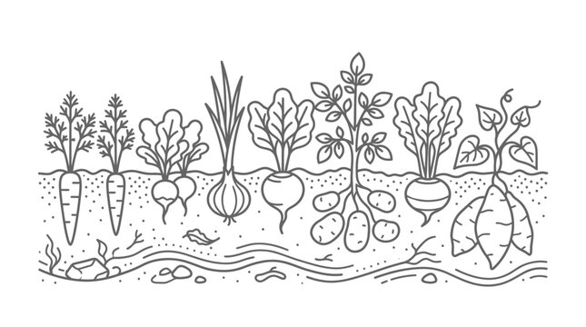 Root vegetables growing in garden soil line art.
