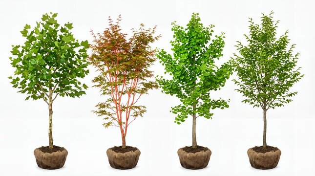 Collection of various deciduous saplings with burlap-wrapped root balls ready for garden landscaping and planting