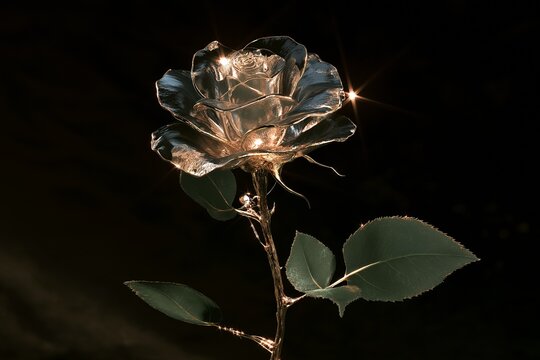 Clear Glass Rose with Stem on Dark Background