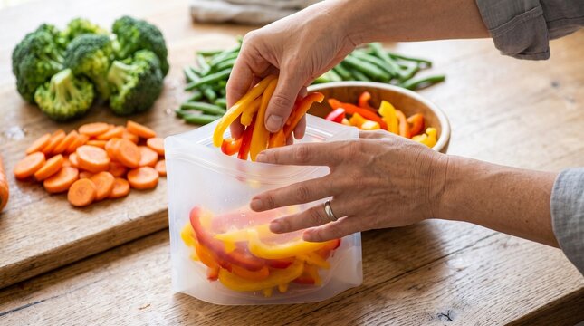 Close up of hands packing fresh cut vegetables into a reusable silicone bag. Autumn harvest, winter food preservation, freezing and healthy meal prep concept