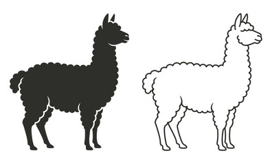 Naklejka premium Set of cute llama alpaca animal silhouettes and outlines vector illustration design element with silhouette collection illustration isolated