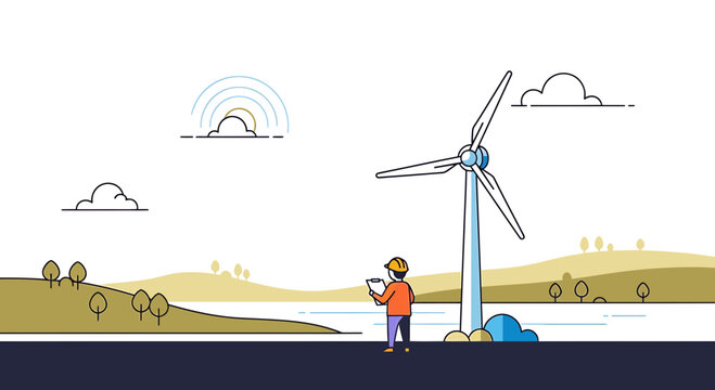 Engineer inspecting wind turbine in a green landscape, renewable energy concept
